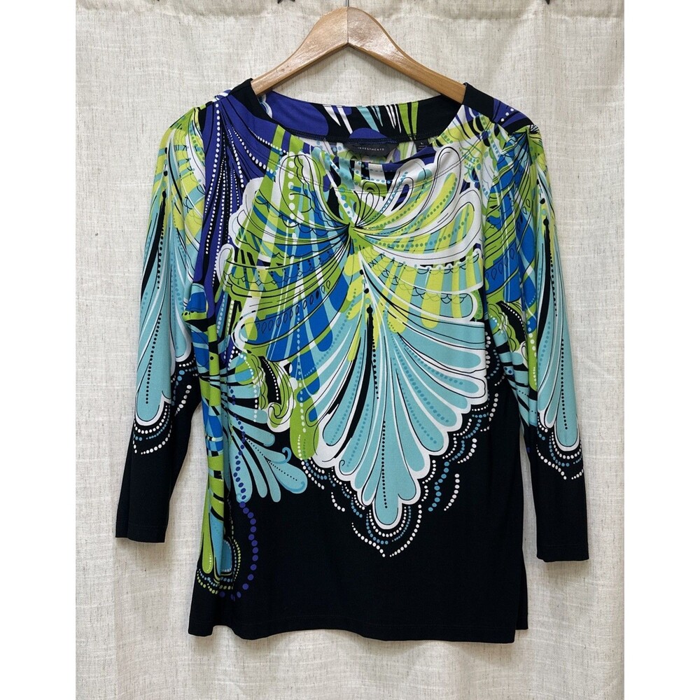 Investment Women’s Tunic Multicolor Blouse 3/4 Sleeve Black/Teal/Green Sz L